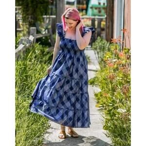 HILL HOUSE XL 14 Ltd Ed Navy/Silver Ellie Nap Dress Smocked Sundress Midi Tiered